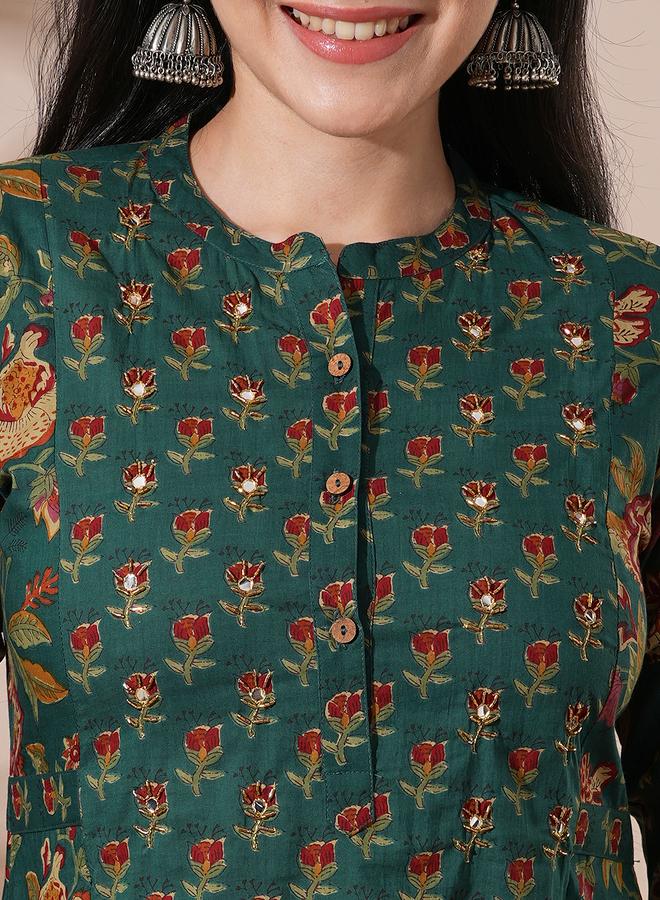 globus Women Green Floral Print Mandarin Neck Kurta with Pant Set - Image 3